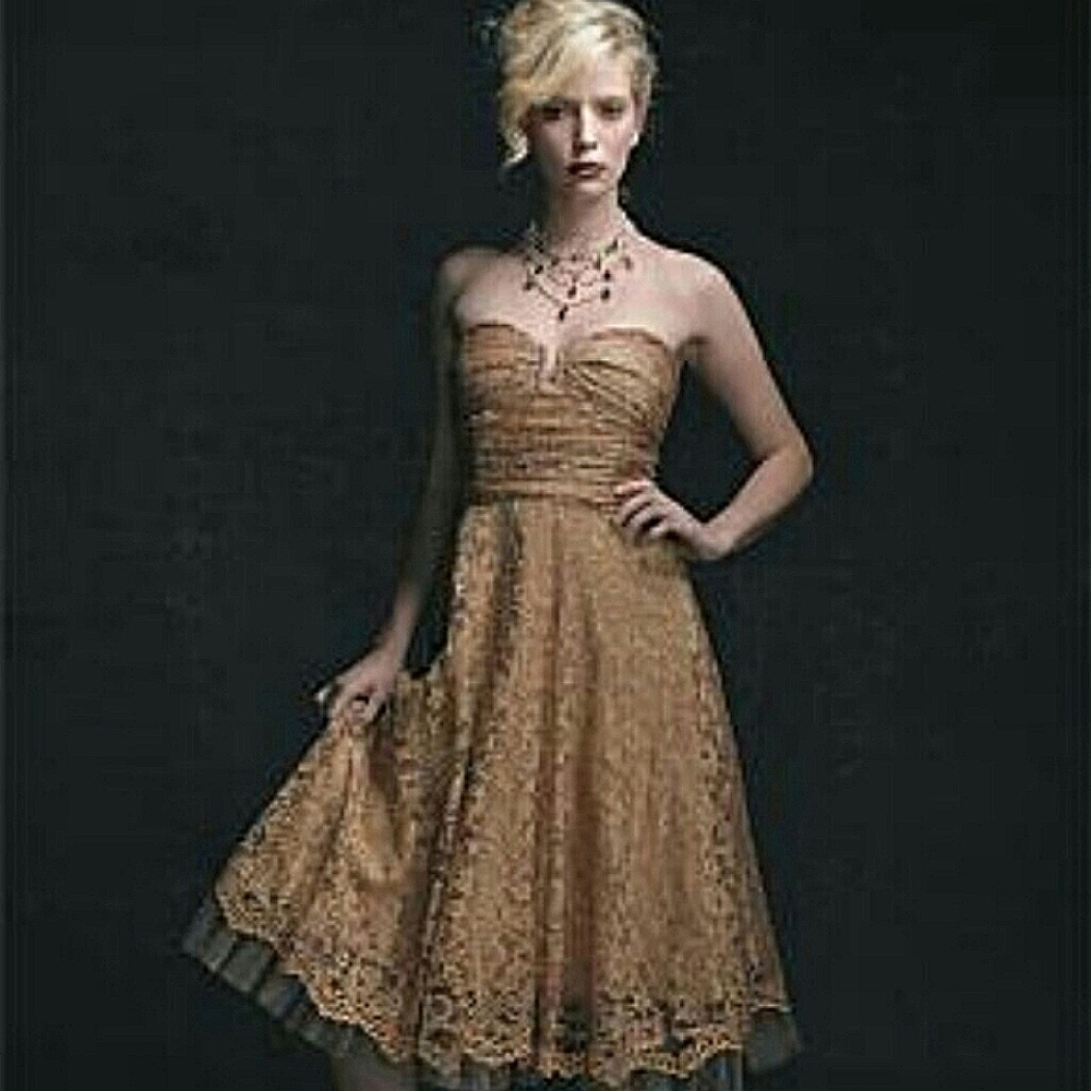Bronze/Gold Lace Overlay Strapless Formal Gown